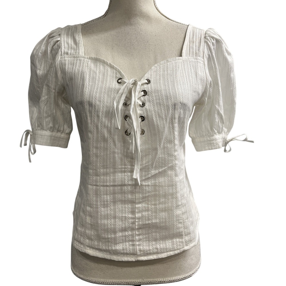 Bishop & Young Top White Milkmaid Lace Up Size M Coquette Feminine Cottagecore